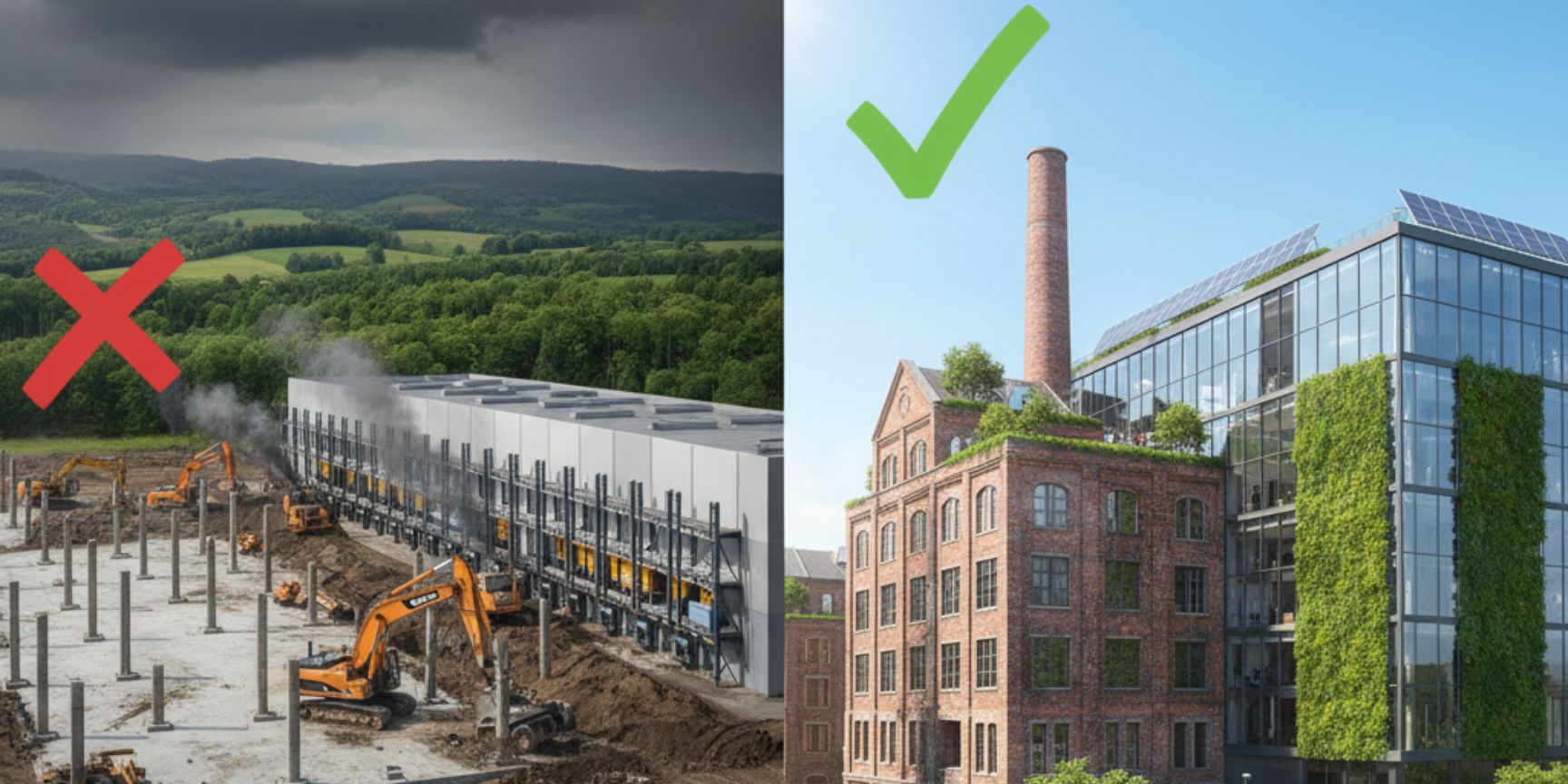 A split view: On the left, a construction site on a green field with excavators and a logistics hall under construction, symbolized by a red X and a sign 'Greenfield' with a sad smiley. On the right, a revitalized former industrial plant with modern glass architecture, vertical gardens, people and a sign 'Brownfield' with a lucky smiley and a green tick.